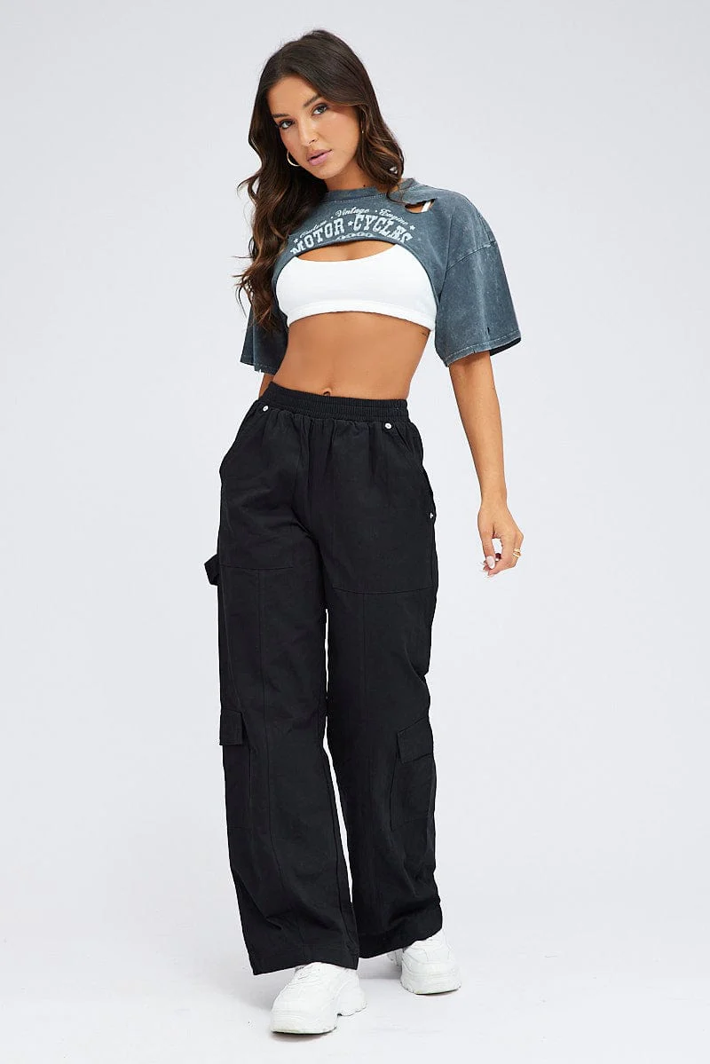 Grey Graphic Tee Short Sleeve Crop Round Neck - Image 2