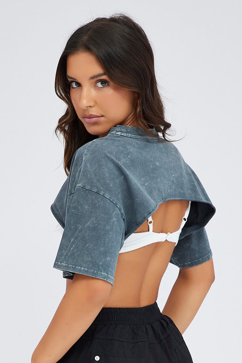 Grey Graphic Tee Short Sleeve Crop Round Neck - Image 5