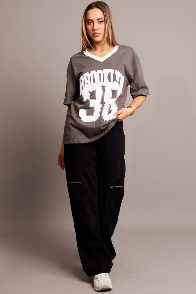 Grey Graphic Tee V Neck Short Sleeve - Image 2