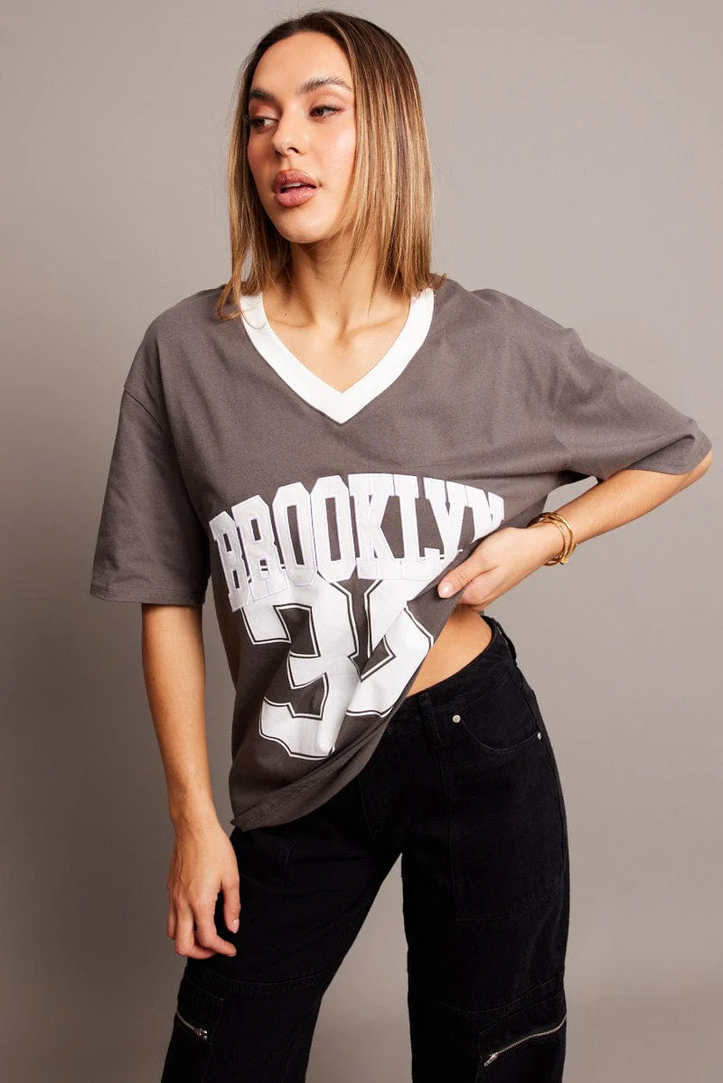 Grey Graphic Tee V Neck Short Sleeve - Image 3