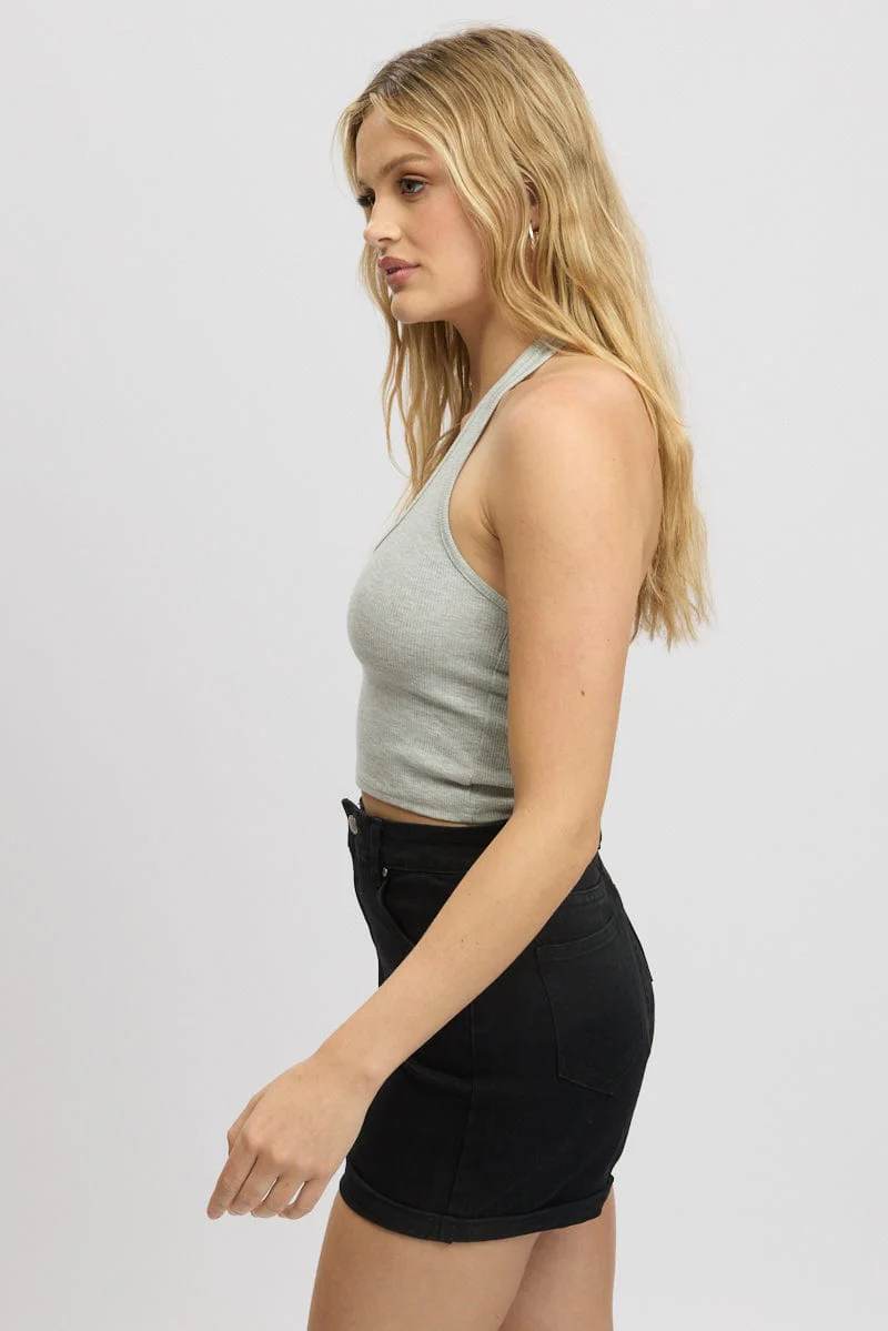 Grey Halter Top Sleeveless Rib - Image 4
