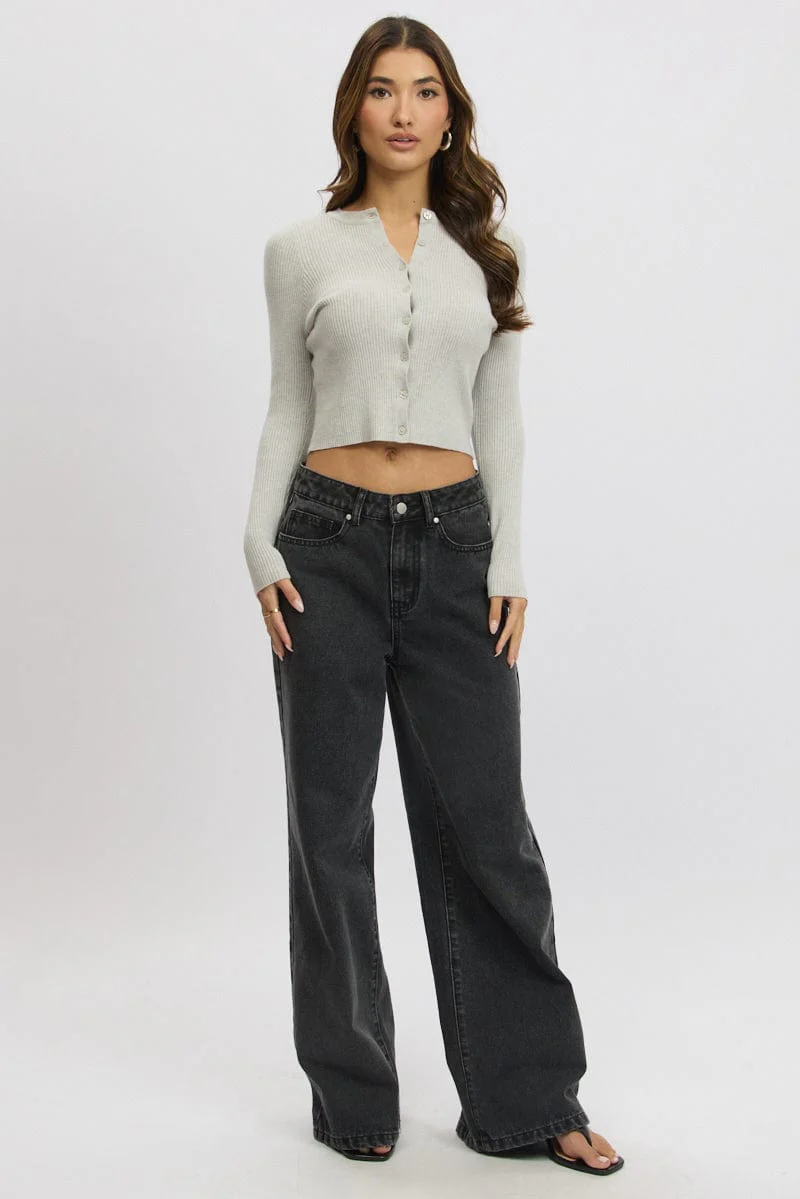 Grey Knit Cardigan Long Sleeve Crew Neck Button Up - Image 3