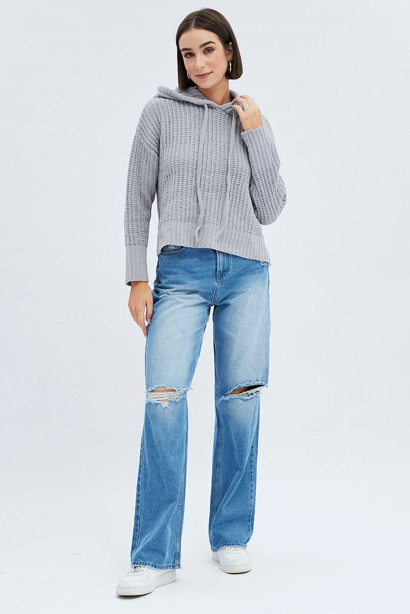 Grey Knit Top Long Sleeve Hoodie - Image 2