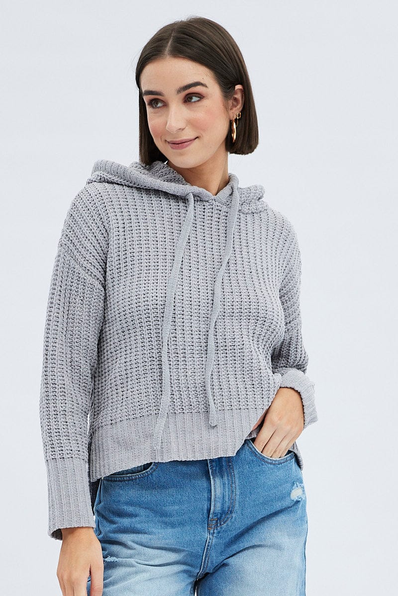 Grey Knit Top Long Sleeve Hoodie - Image 3