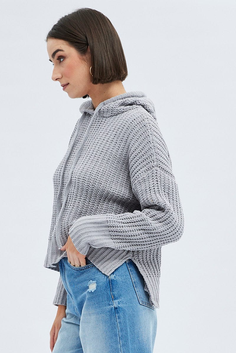 Grey Knit Top Long Sleeve Hoodie - Image 4