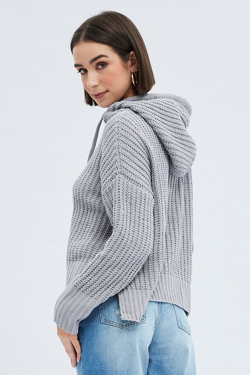 Grey Knit Top Long Sleeve Hoodie - Image 5