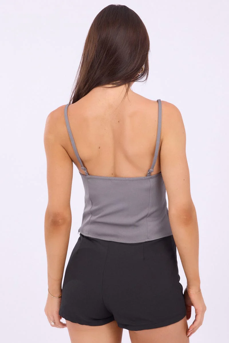 Grey Lace Tape Cami Sleeveless Adjustable Straps - Image 5