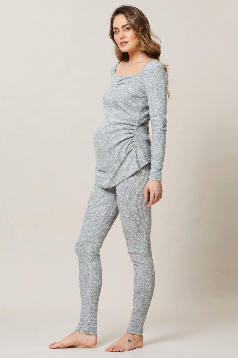 Grey Maternity Long Sleeve Brushed Rib Nightwear Set - Image 3
