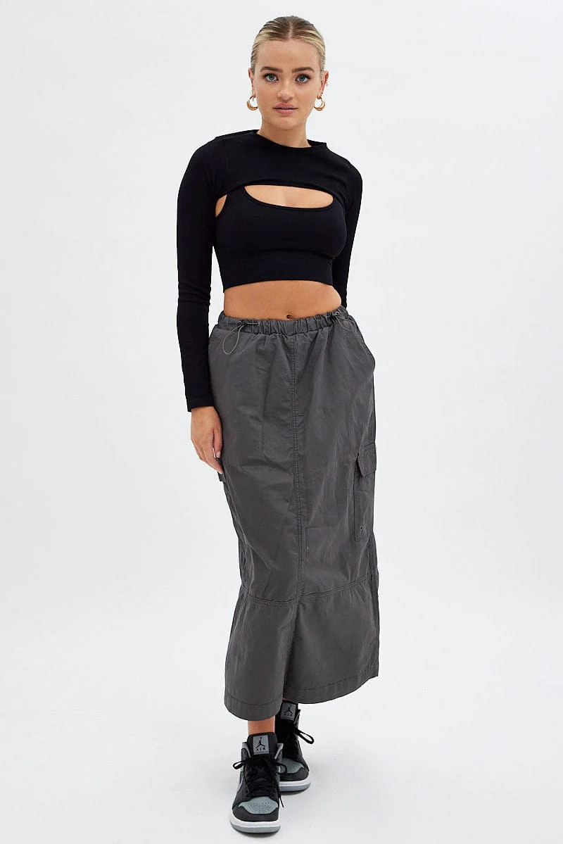 Grey Maxi Skirt Low Rise Cargo Parachute - Image 3
