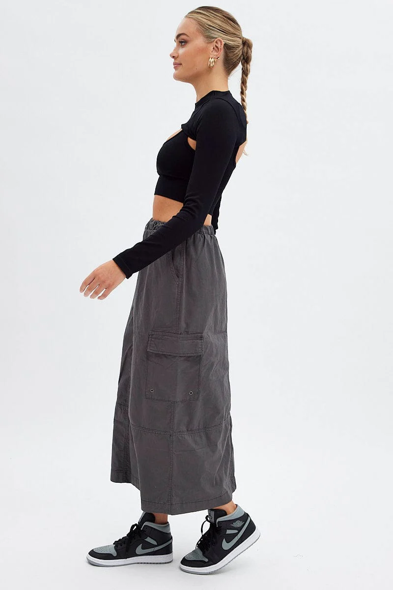 Grey Maxi Skirt Low Rise Cargo Parachute - Image 4