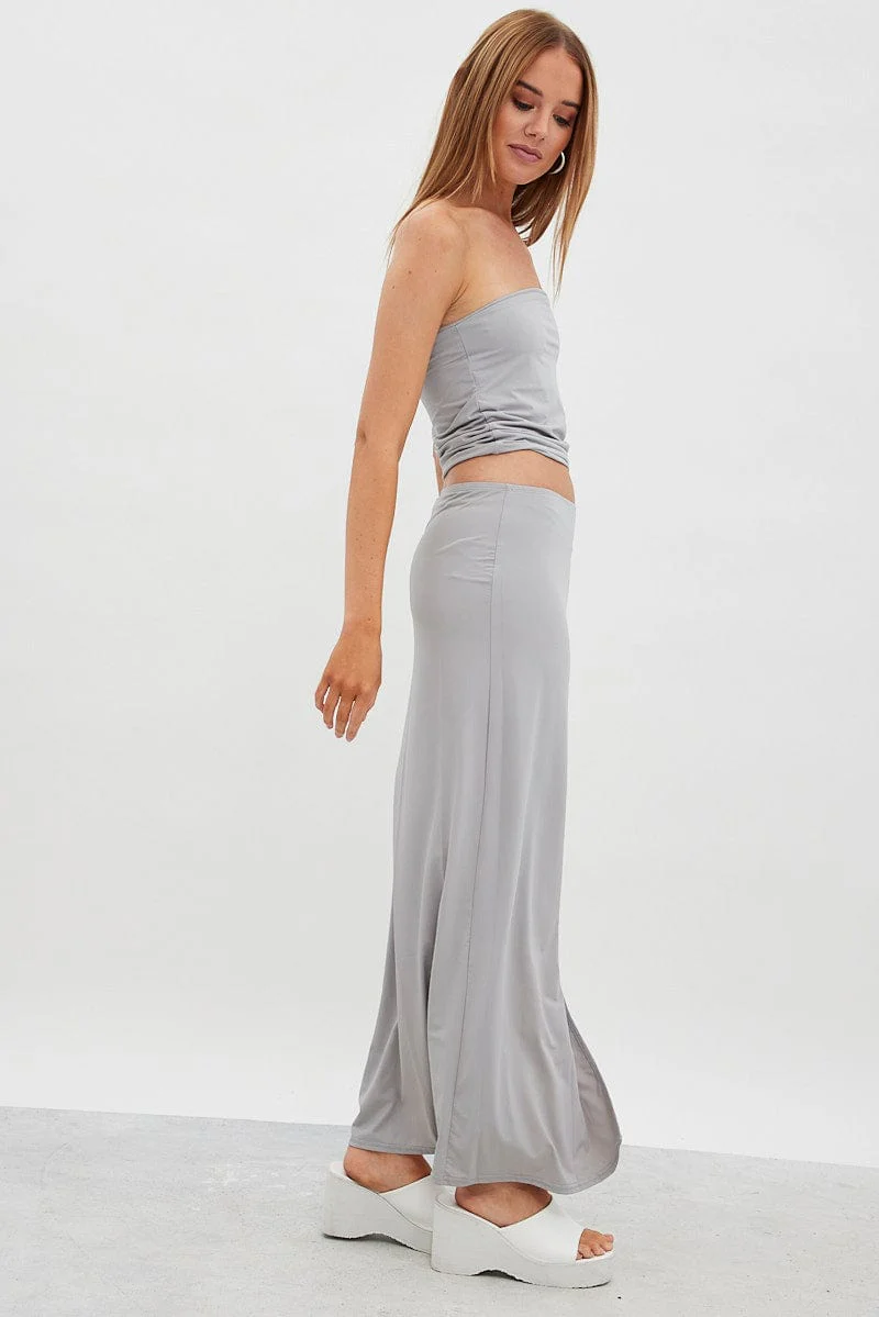 Grey Maxi Skirt Mid Rise Split Nylon - Image 4