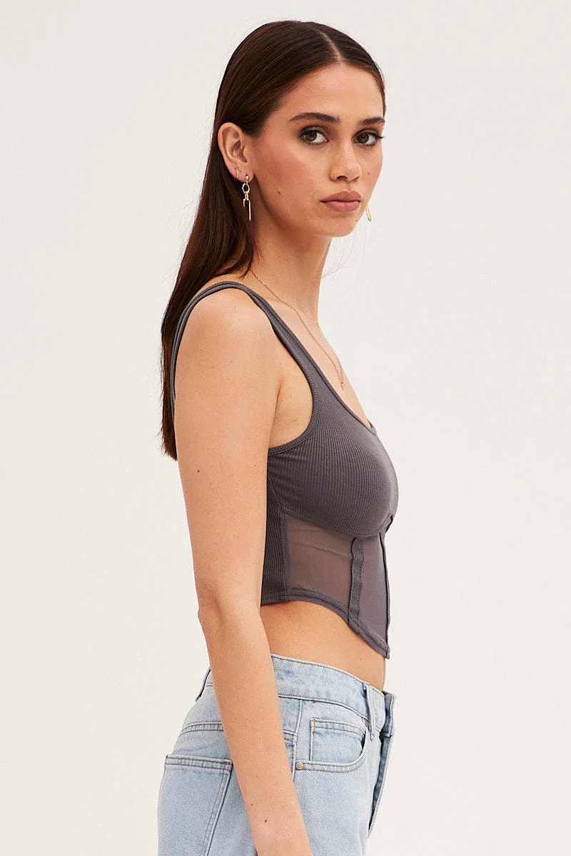 Grey Mesh Patchwork Tank Top Corset Top - Image 4