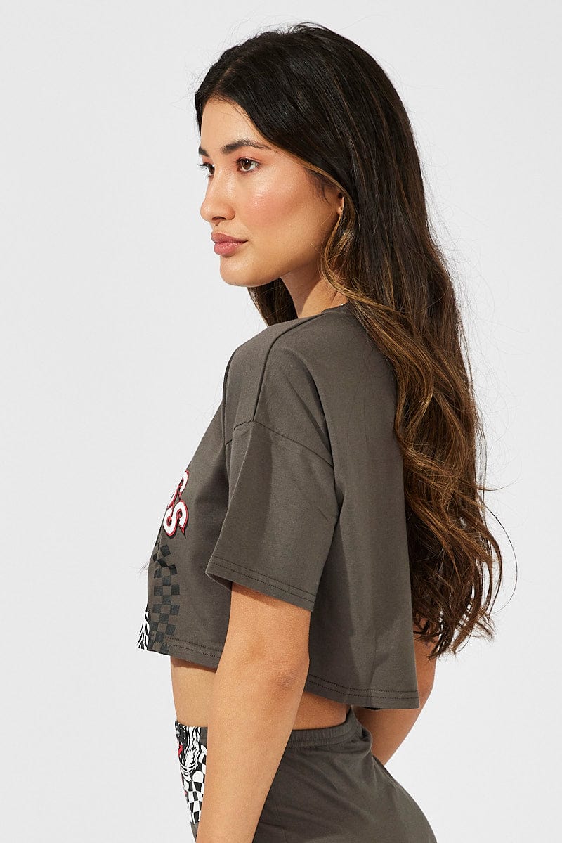 Grey Motocross Graphic Tee Cropped T-shirt - Image 4