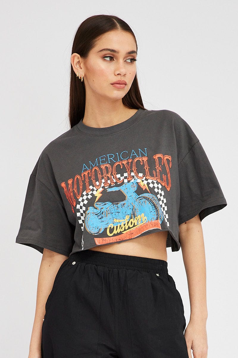 Grey Motocross Tee Biker Racing Graphic Crop T-shirt - Image 3
