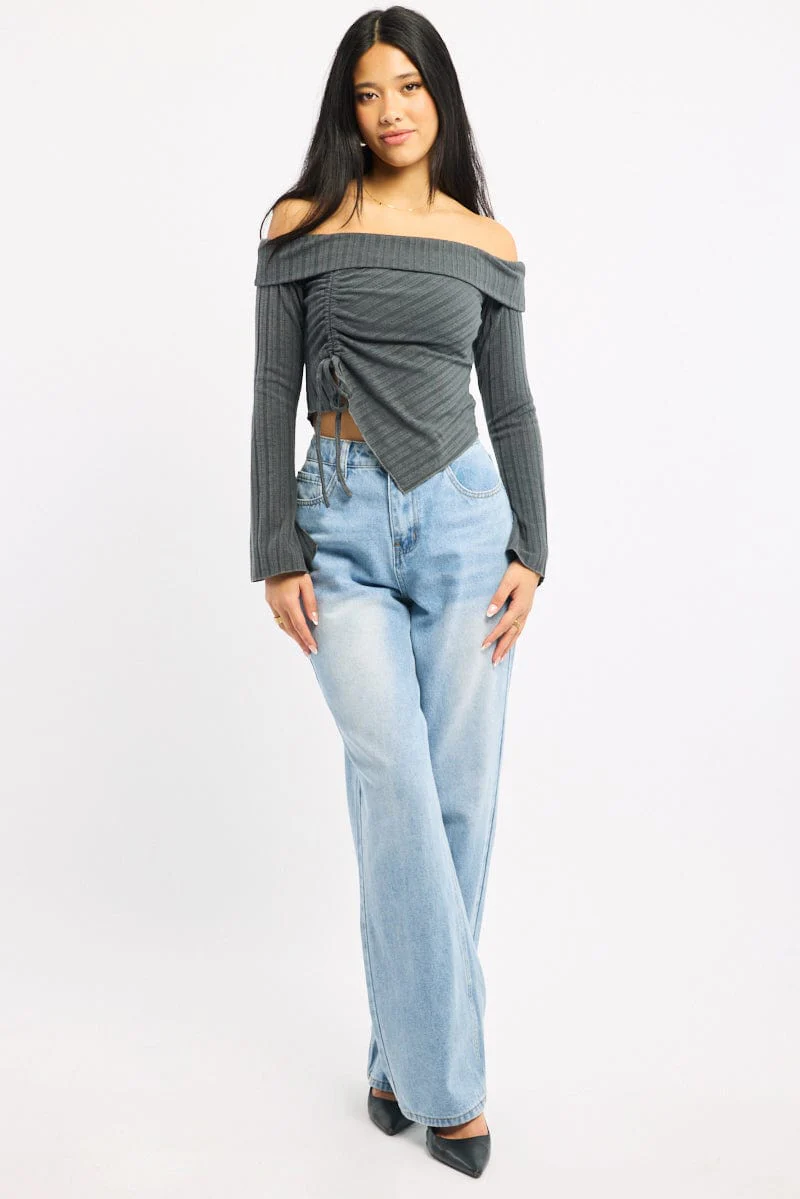 Grey Off Shoulder Top Long Sleeve Ruched - Image 2