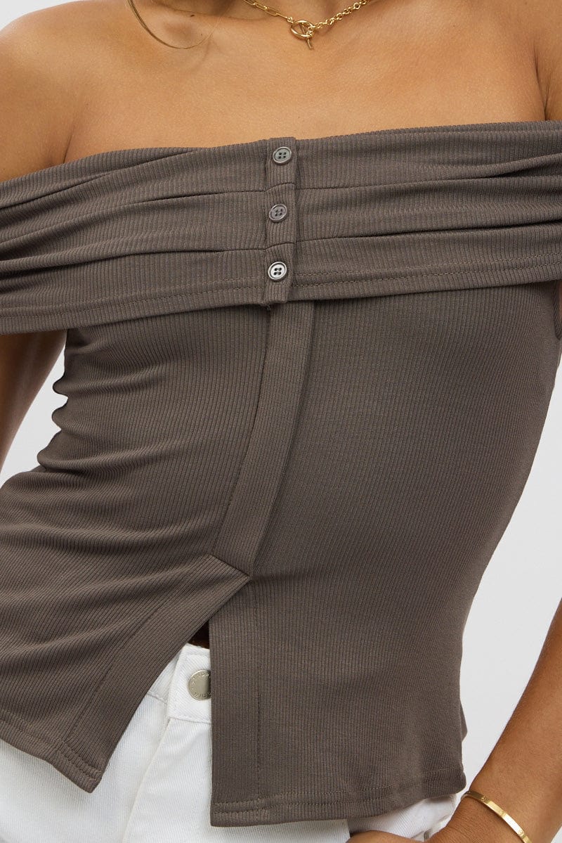 Grey Off Shoulder Top Rib - Image 6