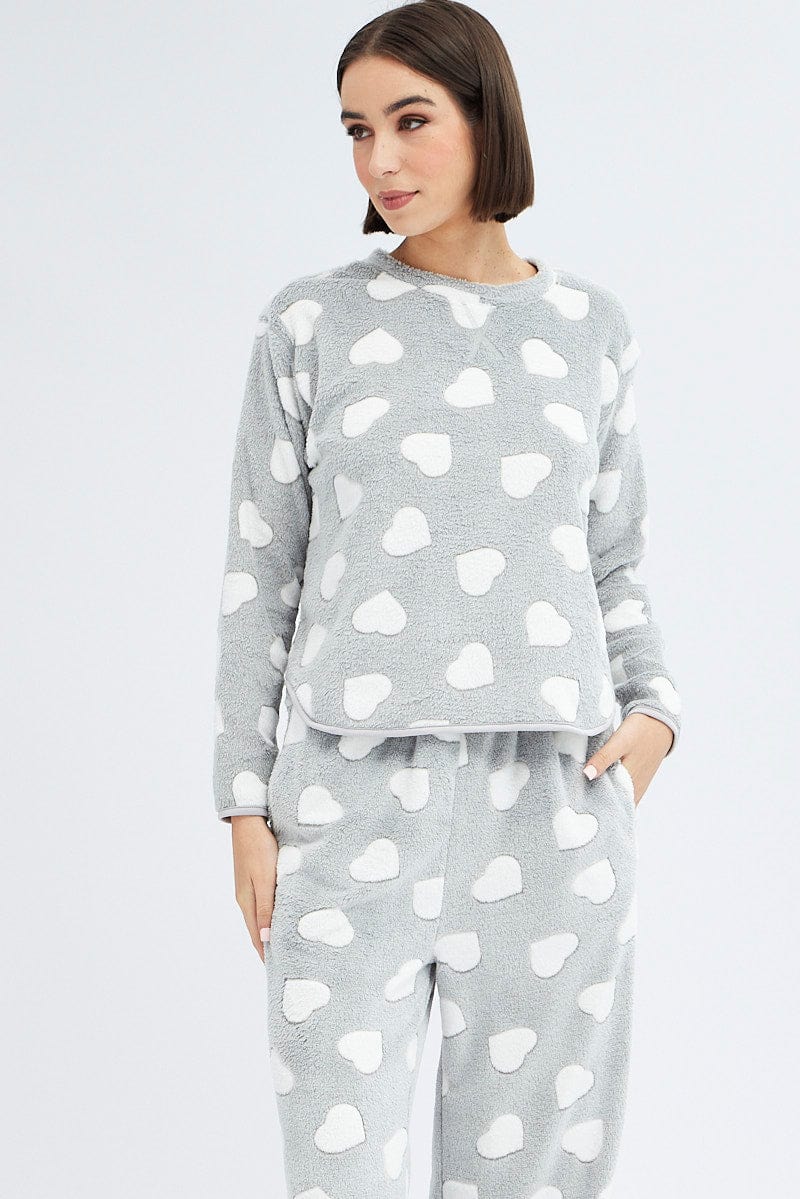 Grey Print Fluffy Pj Mint Cloud Print Cosy Pyjama Set - Image 2