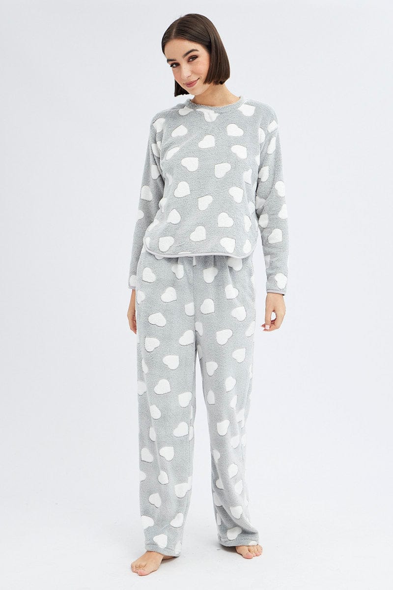 Grey Print Fluffy Pj Mint Cloud Print Cosy Pyjama Set - Image 3