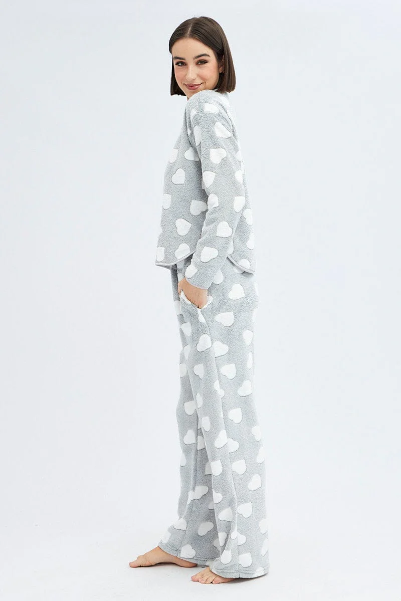 Grey Print Fluffy Pj Mint Cloud Print Cosy Pyjama Set - Image 4