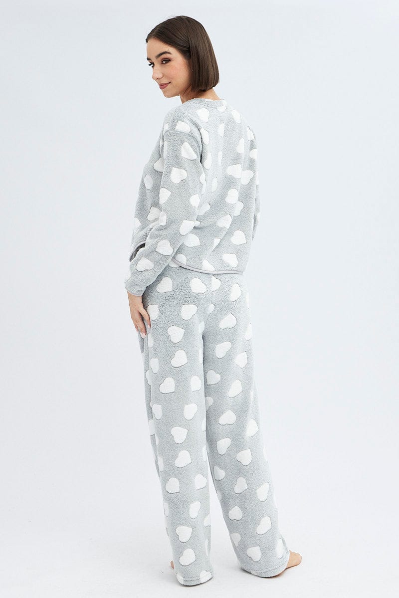 Grey Print Fluffy Pj Mint Cloud Print Cosy Pyjama Set - Image 5