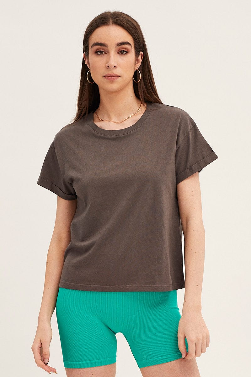 Grey Roll Sleeve Crew Neck Tee - Image 2