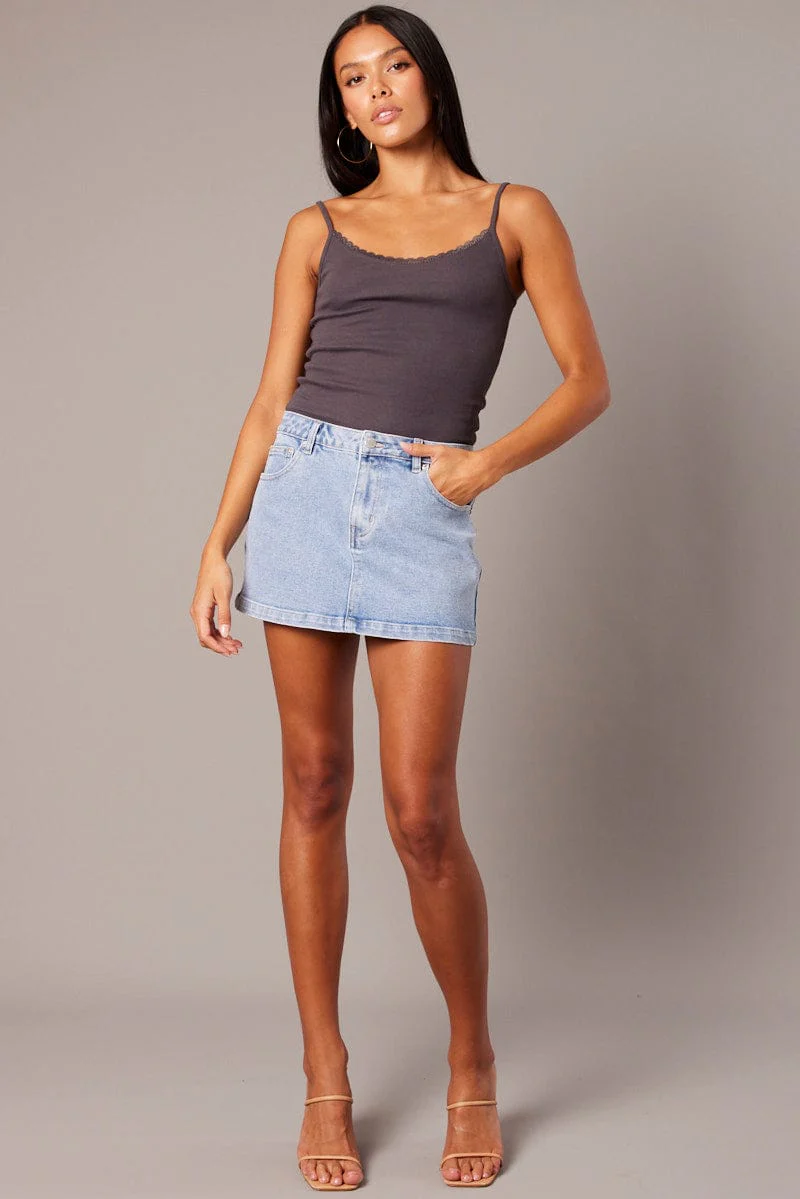 Grey Singlet Top Sleeveless Scoop Neck Lace Trim - Image 2