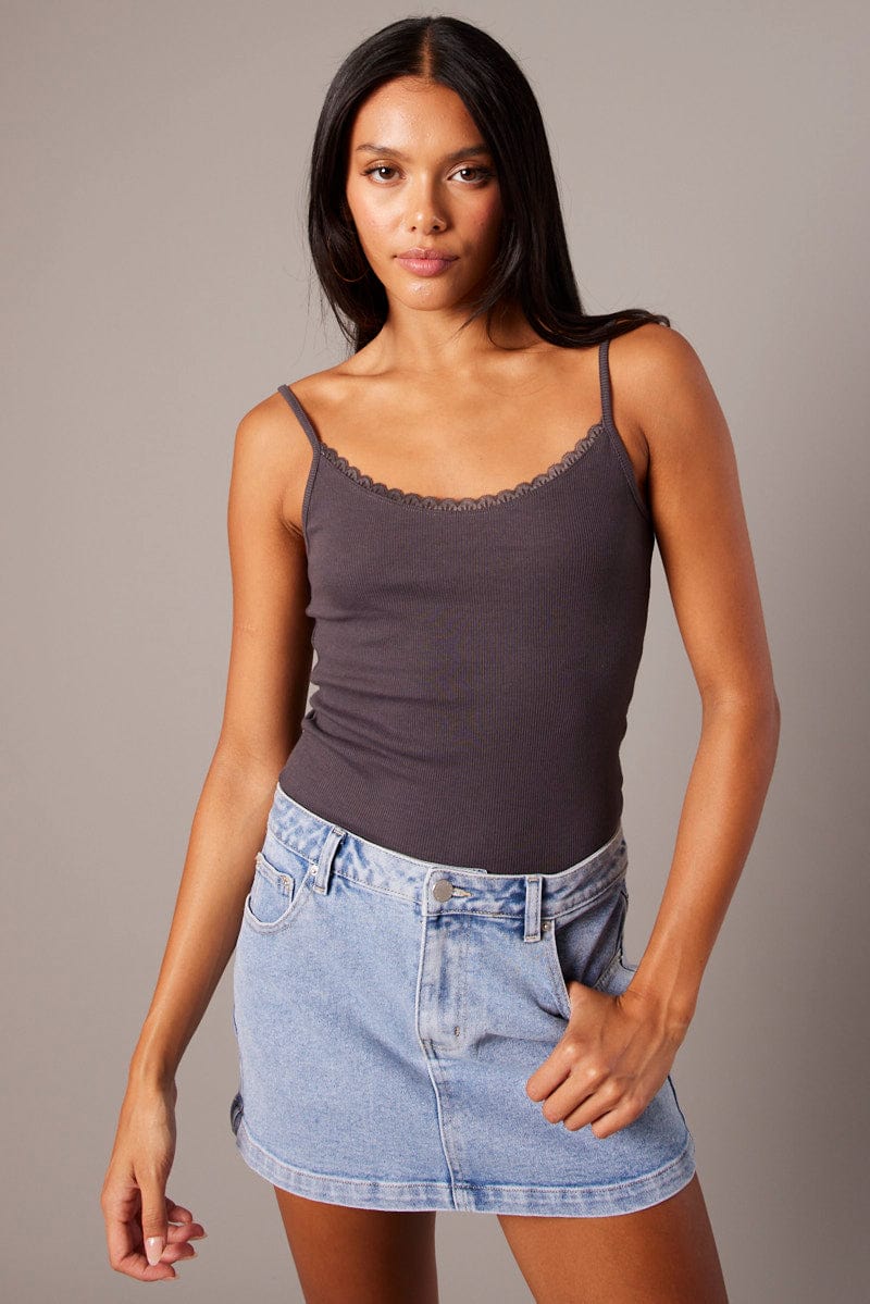 Grey Singlet Top Sleeveless Scoop Neck Lace Trim - Image 3
