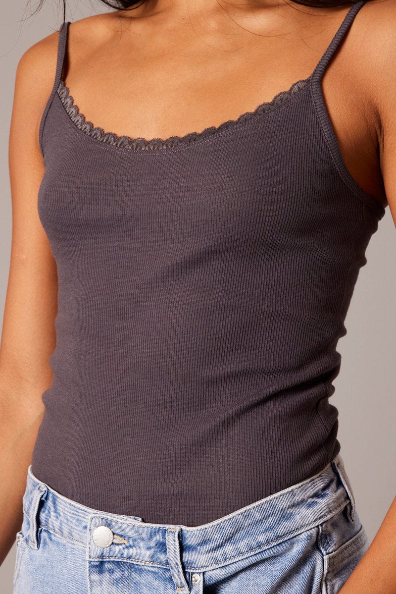 Grey Singlet Top Sleeveless Scoop Neck Lace Trim - Image 6