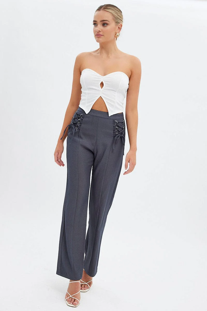 Grey Straight Leg Pants High Rise Tailored Lace Up - Image 3