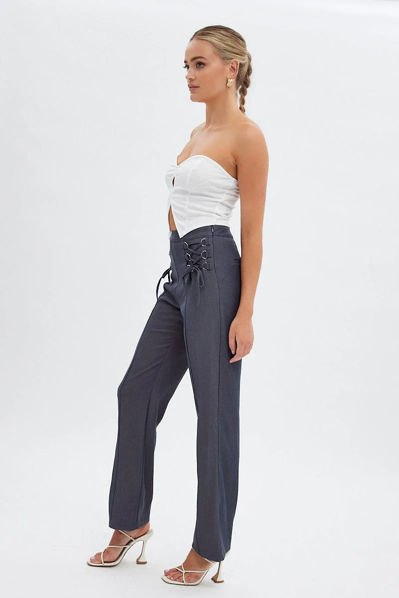 Grey Straight Leg Pants High Rise Tailored Lace Up - Image 4
