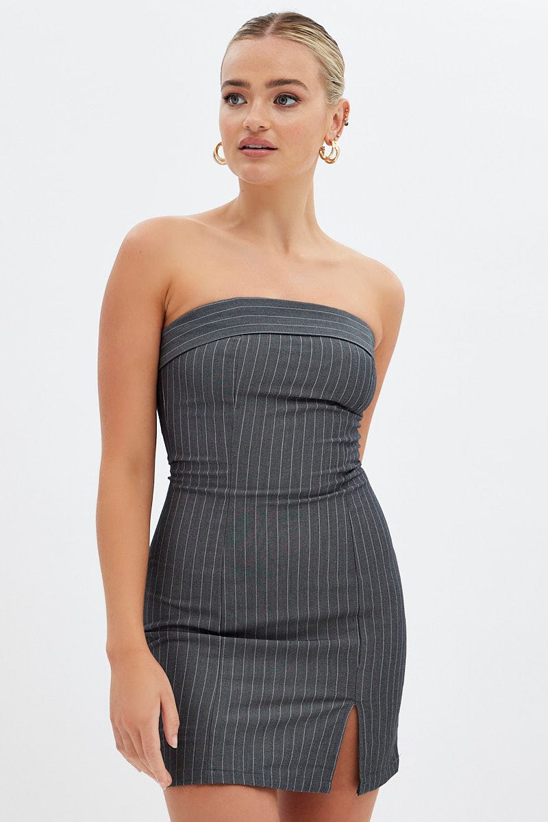 Grey Stripe Bodycon Dress Strapless Boob Tube Mini - Image 3