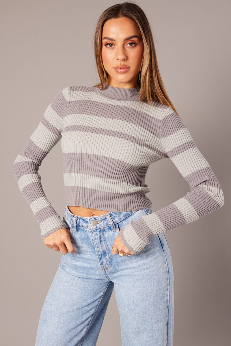 Grey Stripe Knit Top Long Sleeve High Neck - Image 3