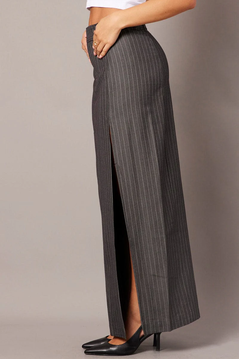 Grey Stripe Midi Skirt Tailored High Waist - Image 4