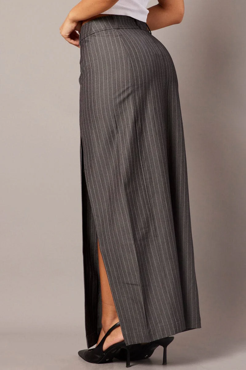 Grey Stripe Midi Skirt Tailored High Waist - Image 5