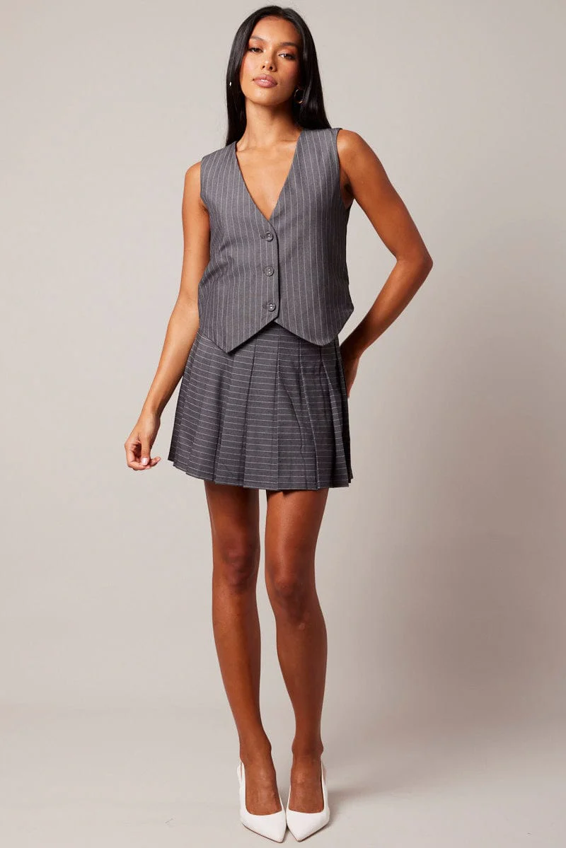Grey Stripe Tennis Skirt Pleated Mini - Image 2