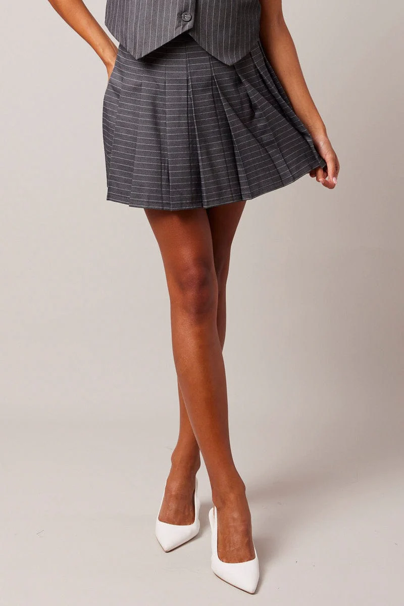 Grey Stripe Tennis Skirt Pleated Mini - Image 3