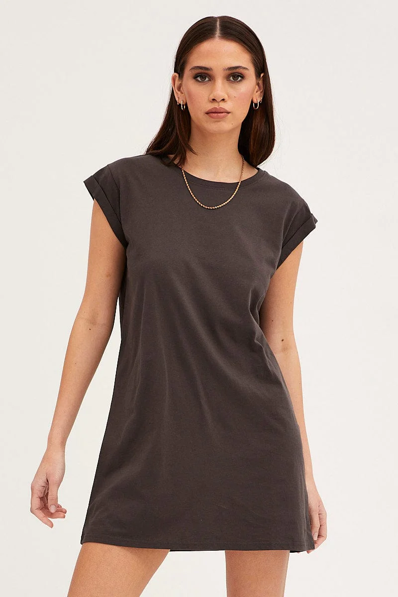 Grey T-Shirt Dress Crew Short Sleeve Graphic - Image 3