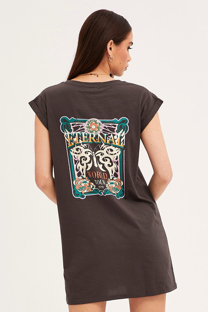 Grey T-Shirt Dress Crew Short Sleeve Graphic - Image 5