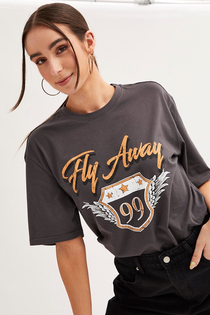 Grey T-Shirt Short Sleeve Crew Neck Fly Away Cotton