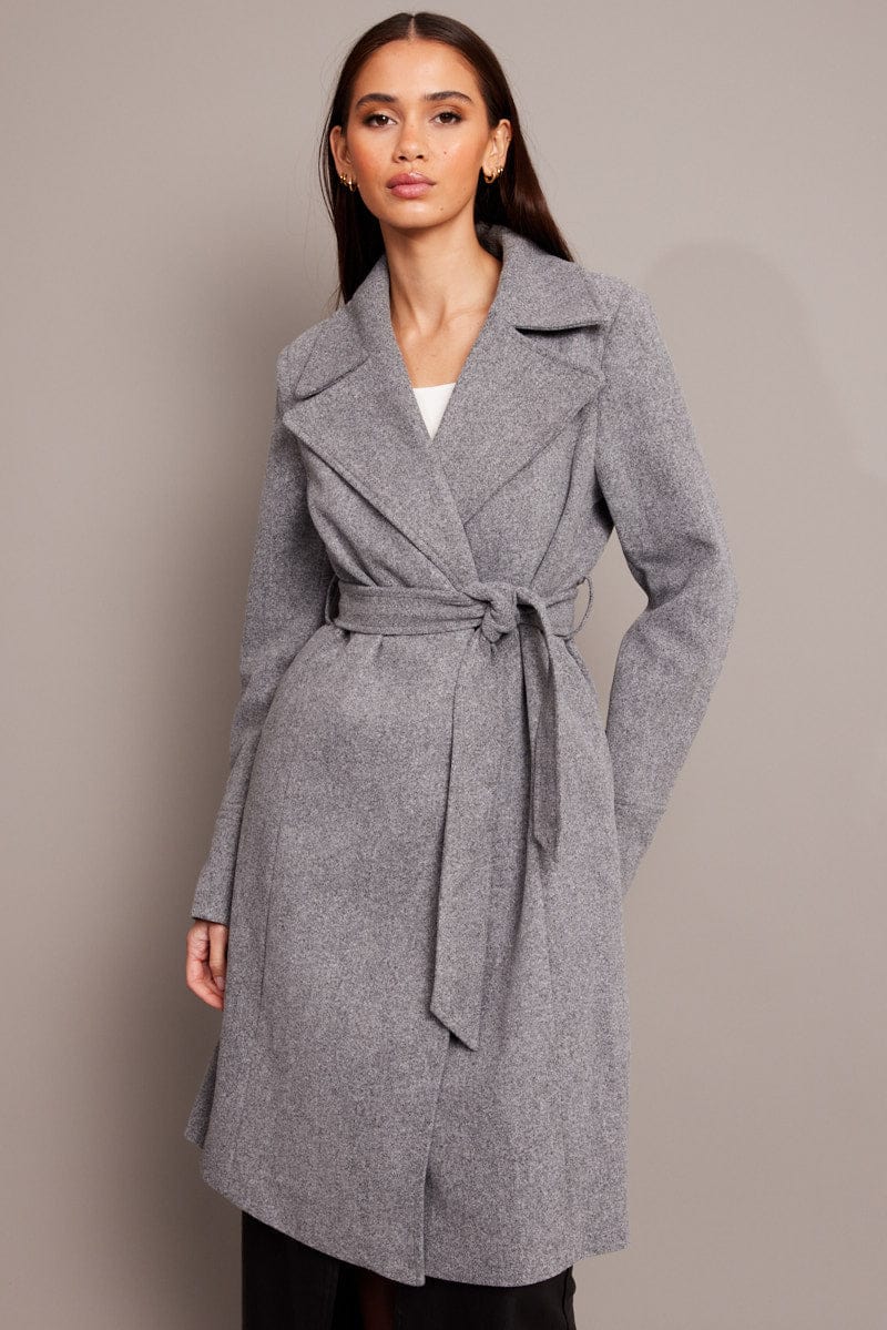 Grey Tie Front Coat Knee Length - Image 2