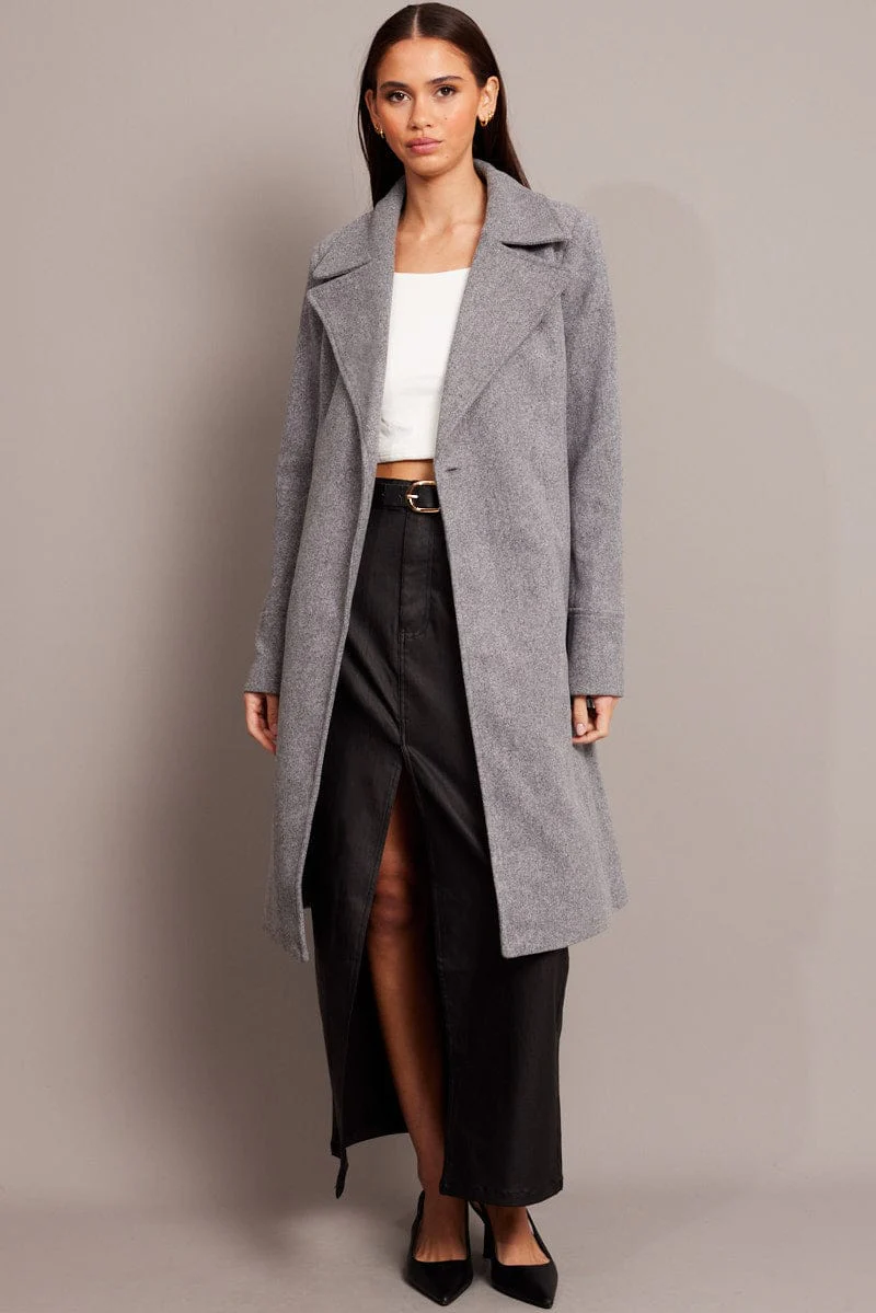 Grey Tie Front Coat Knee Length - Image 3