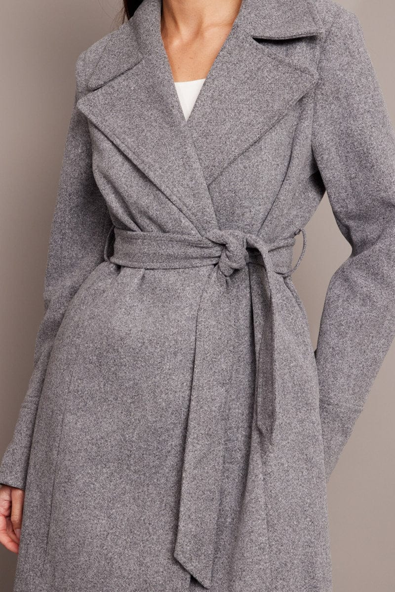 Grey Tie Front Coat Knee Length - Image 4