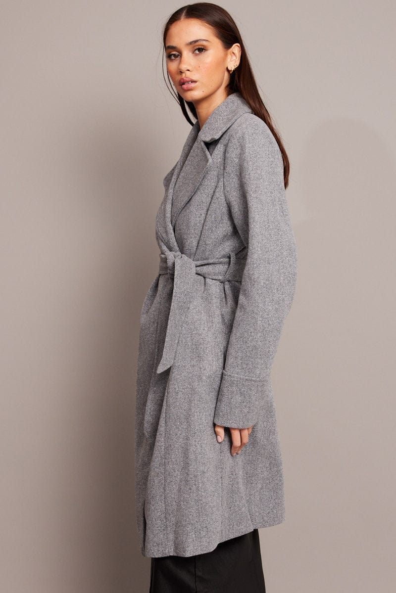 Grey Tie Front Coat Knee Length - Image 5