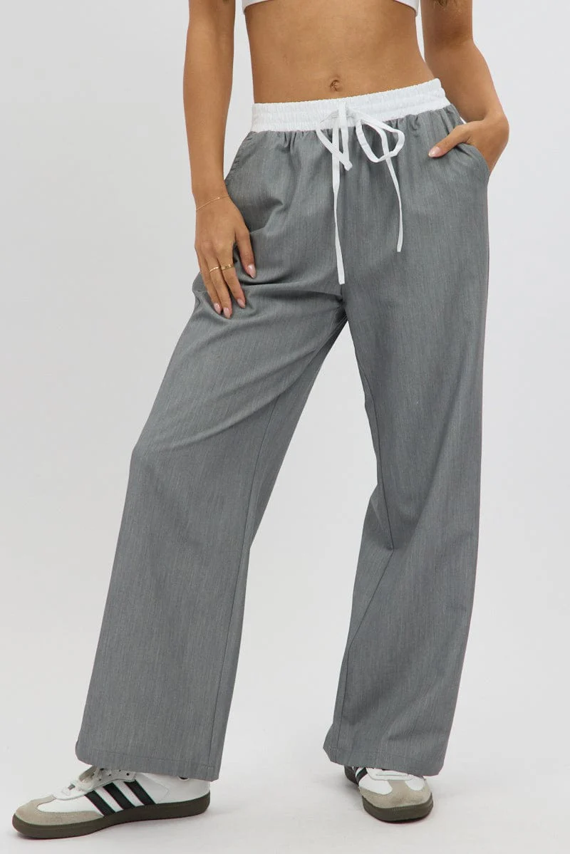 Grey Wide Leg Pants Elasticated Contrast Waist - Image 2
