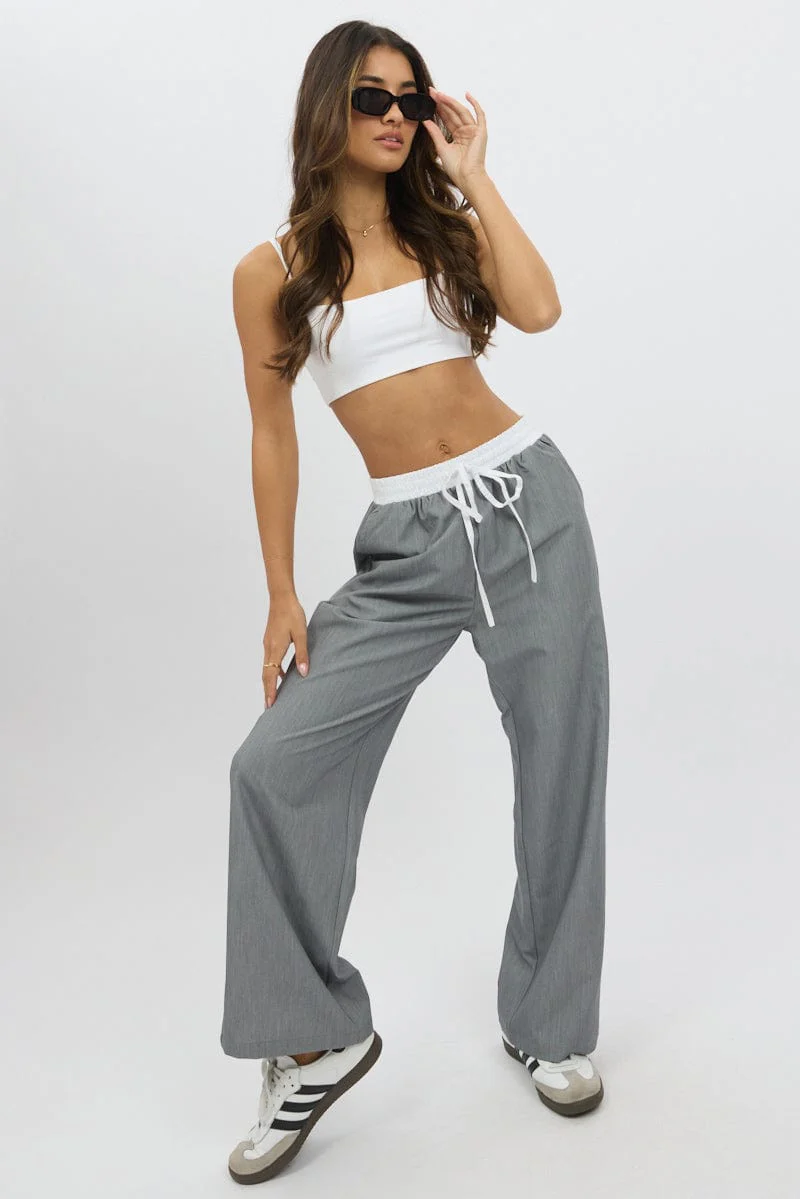 Grey Wide Leg Pants Elasticated Contrast Waist - Image 3