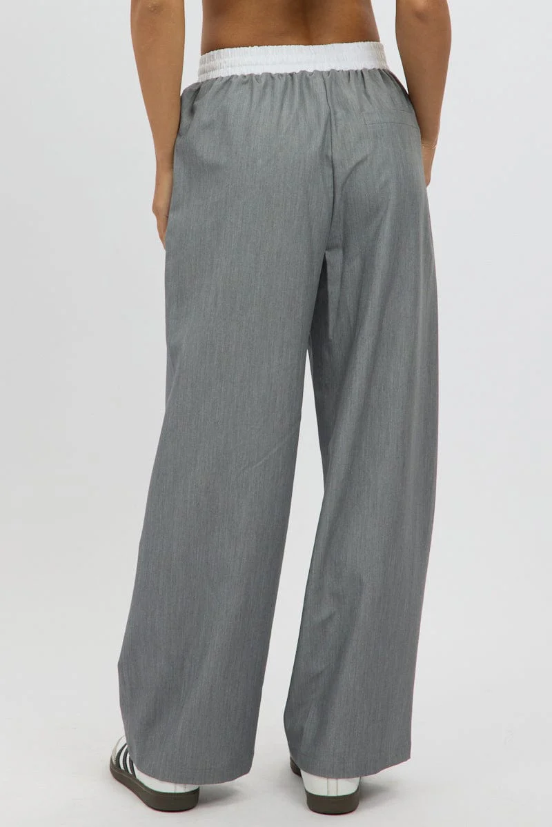 Grey Wide Leg Pants Elasticated Contrast Waist - Image 5