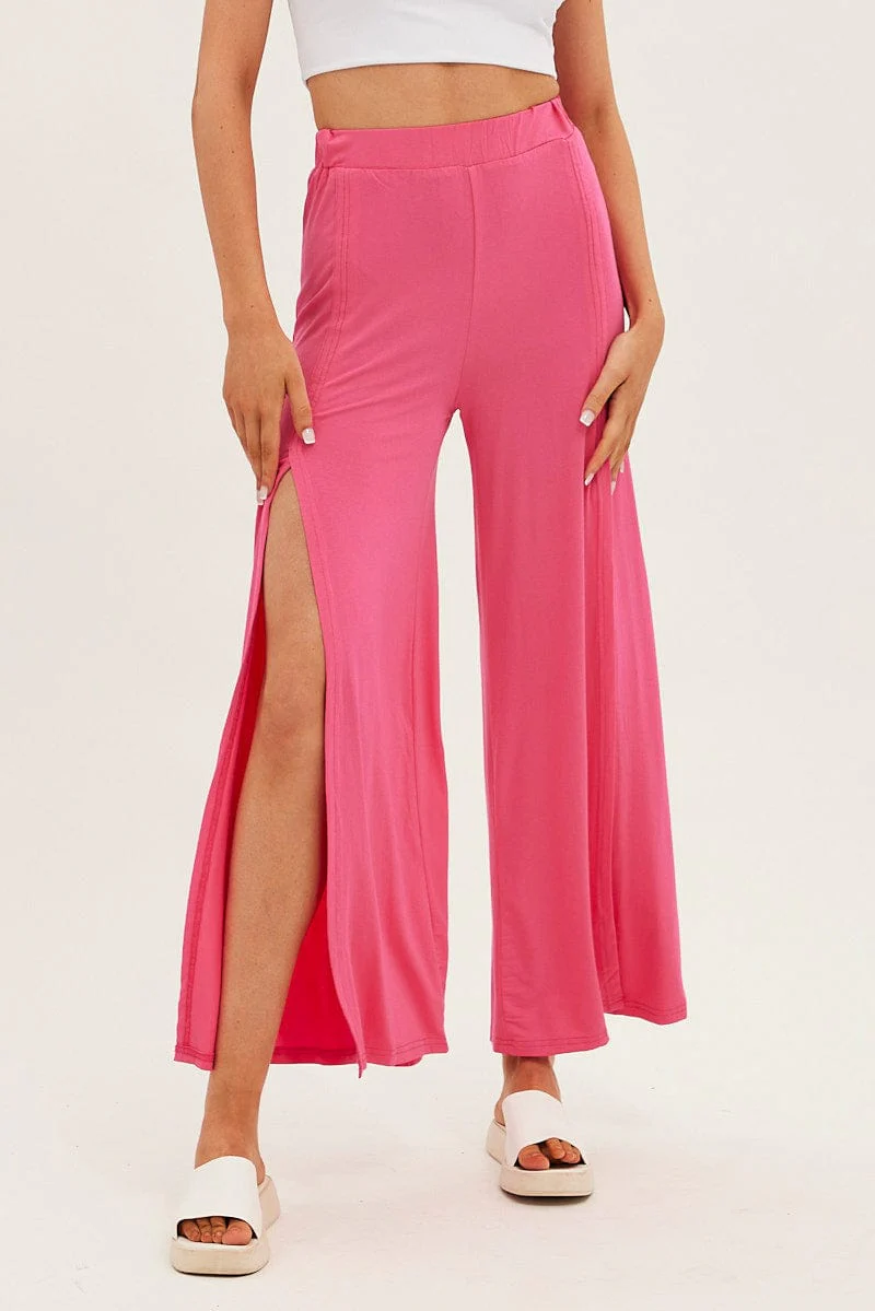 Hot Pink Wide Leg Pants High Rise Front Split - Image 2
