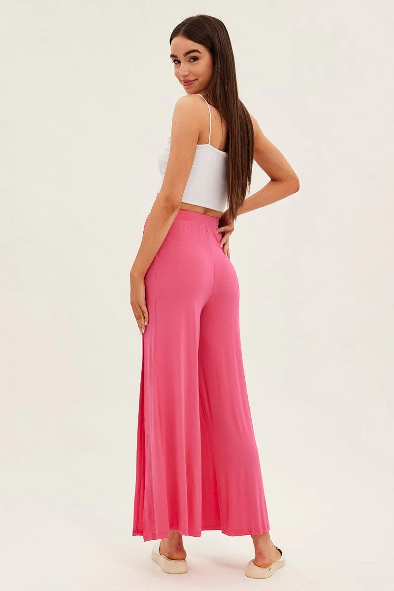 Hot Pink Wide Leg Pants High Rise Front Split - Image 5