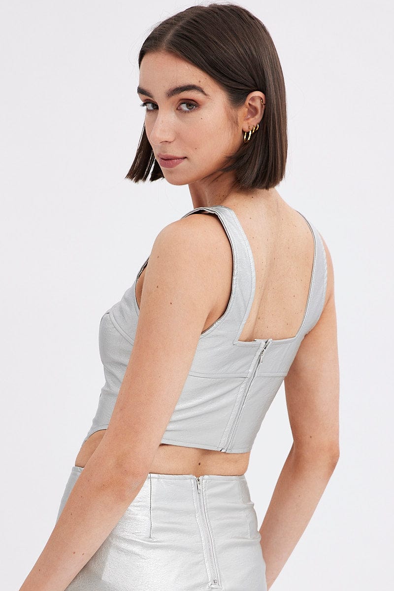 Metallic Corset Top Sleeveless Scoop Neck PU Silver - Image 5