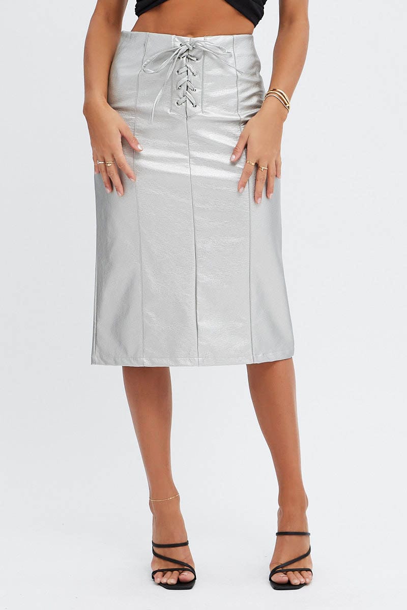 Metallic Midi Skirt Low Rise Lace Up Front Faux Leather PU - Image 2